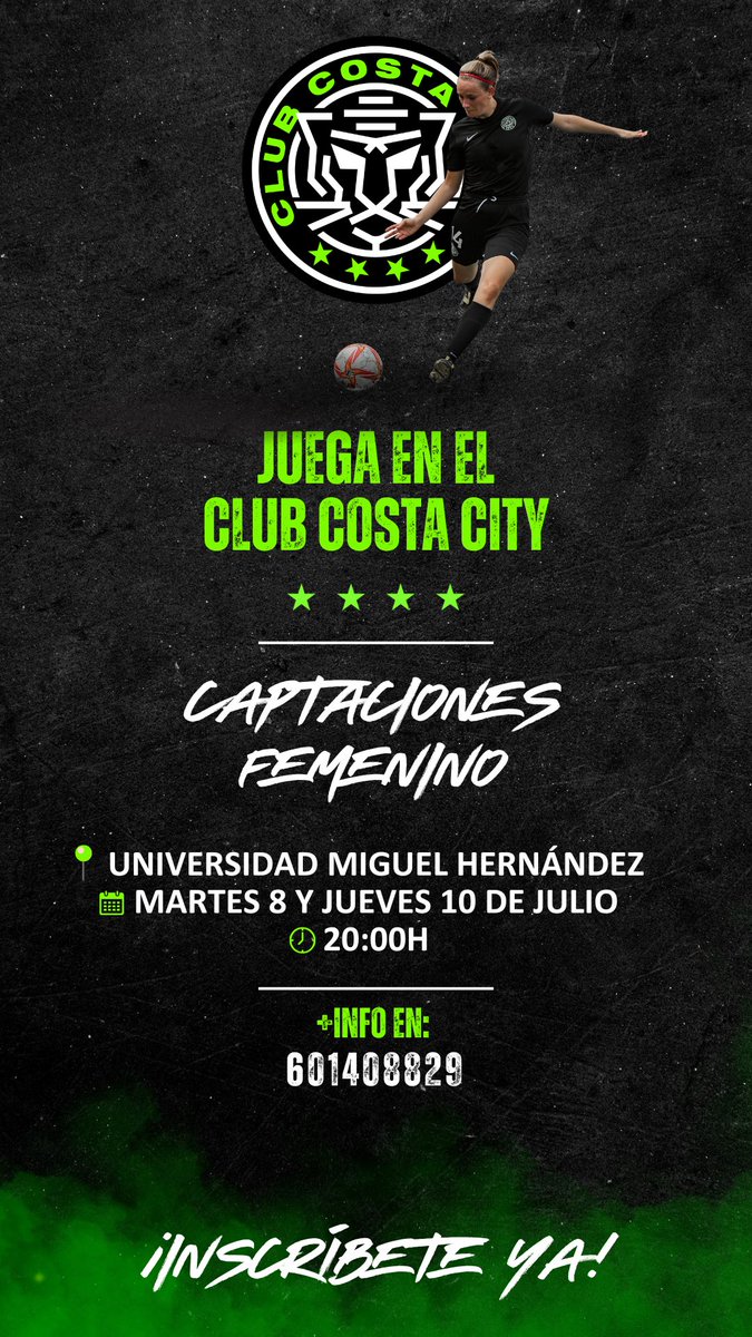🟢 𝐂𝐚𝐩𝐭𝐚𝐜𝐢𝐨𝐧𝐞𝐬 𝐂𝐨𝐬𝐭𝐚 𝐂𝐢𝐭𝐲 𝐅𝐞𝐦 ⚫️

¡Vuelve nuestra sección femenina! 💪

📅 8 y 10 de julio
🕗 20:00 h
📍UMH Elche

¡Únete a la Marea Negra!

📝 Inscríbete: forms.gle/HsLxHGZ8cZKqDg…

#VamosCostaCity 🖤💚