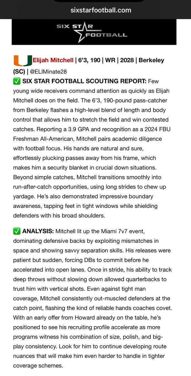 Elijah "Slim" Mitchell (@eliminate28) on Twitter photo Thank you <a href="/sixstarfootball/">Six Star Football | PLUS+</a> for the write up! Competition and Coaching at <a href="/CanesFootball/">Miami Hurricanes Football</a> camp was an amazing opportunity. Always working to be #BetterAtBerkeley <a href="/StagsRecruiting/">Stags Football Recruiting</a> <a href="/BerkeleyStagsFB/">Berkeley Football</a> @ELodge <a href="/Kevin_Beard9/">kevin beard</a> @LouAtTheState @Coach_ACWhaley <a href="/PrepRedzoneSC/">Prep Redzone South Carolina</a> @IanGuerin Thank you <a href="/sixstarfootball/">Six Star Football | PLUS+</a> for the write up! Competition and Coaching at <a href="/CanesFootball/">Miami Hurricanes Football</a> camp was an amazing opportunity. Always working to be #BetterAtBerkeley <a href="/StagsRecruiting/">Stags Football Recruiting</a> <a href="/BerkeleyStagsFB/">Berkeley Football</a> @ELodge <a href="/Kevin_Beard9/">kevin beard</a> @LouAtTheState @Coach_ACWhaley <a href="/PrepRedzoneSC/">Prep Redzone South Carolina</a> @IanGuerin
