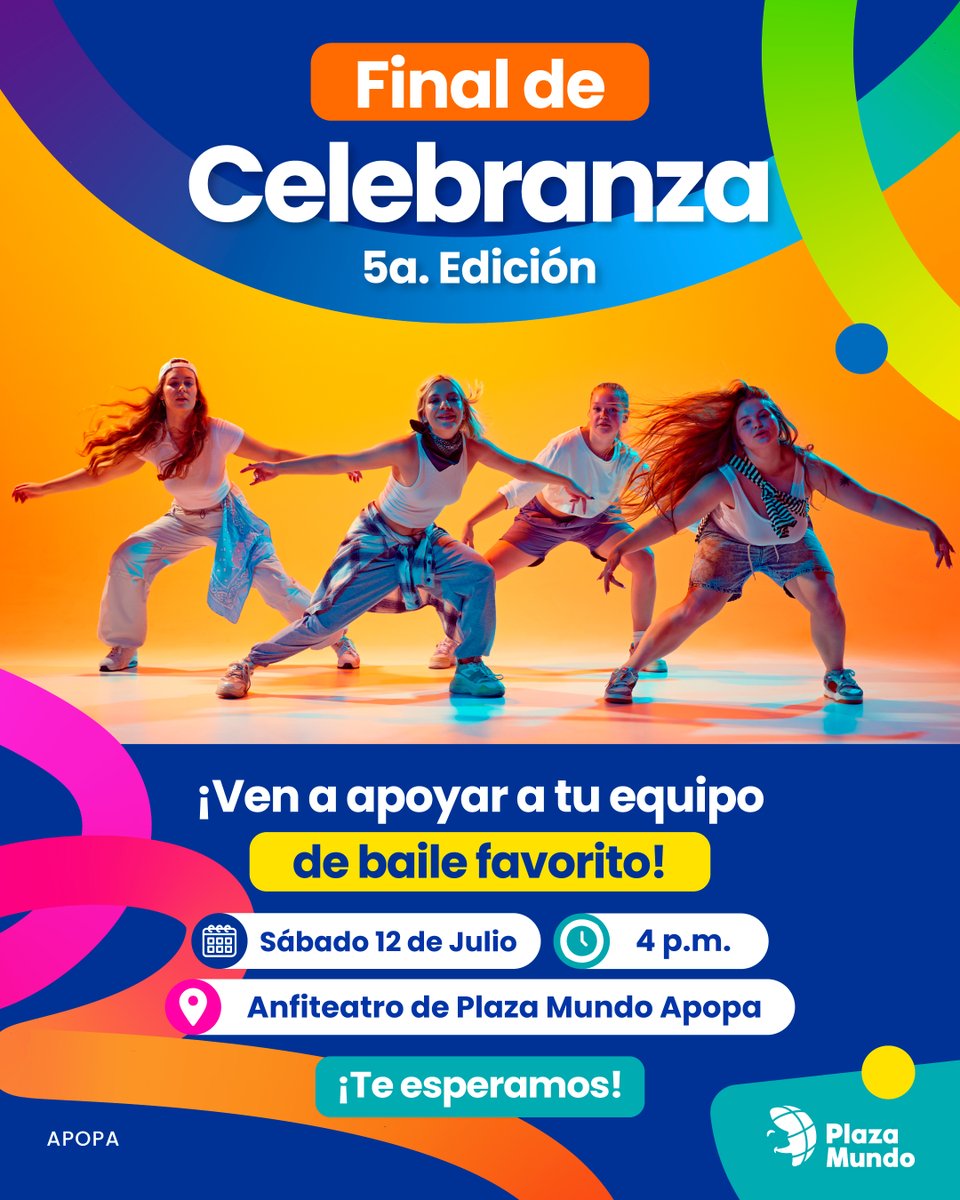 🎊🔥 Los mejores equipos ya tienen su lugar en la GRAN FINAL de Celebranza 5.ª edición. 💃🕺 Después de tanto talento en escena 🎭, solo uno se llevará el 🥇 primer lugar. 🏆🤩

📍 Plaza Mundo Apopa – Anfiteatro 🏟️
📅 Sábado 12 de julio 🗓️ ⏰ 4:00 p. m.
🎟️ Entrada GRATIS 🙌