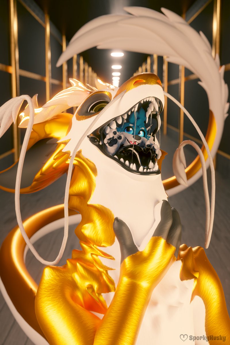 A friendly encounter with a golden dragon, swallowing their friend down into comforting black internals.

For @nomfaeith