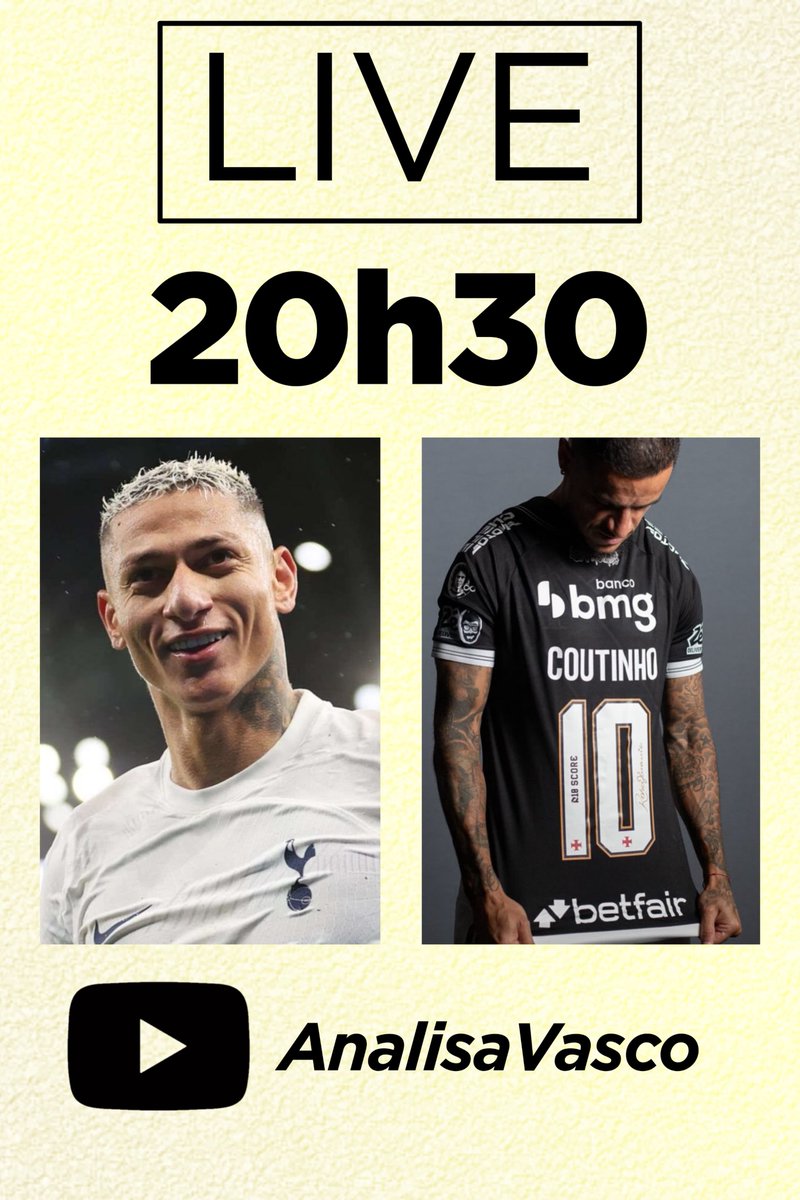 Renovação de Coutinho, possibilidade de Richarlison e saídas especuladas.

Tudo isso e muito mais será objeto de debate em mais esse programa ao vivo da Analisa Vasco.

Contamos com a sua audiência 👇

youtube.com/live/kxKhBQeDM…