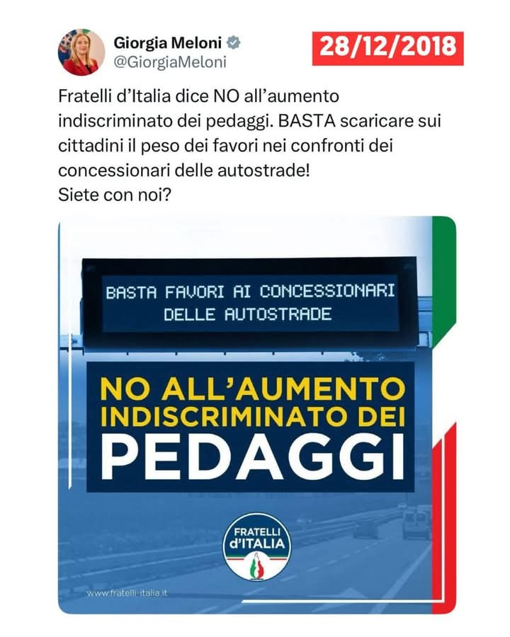 Pietro Giliberti (@pietrogiliberti) on Twitter photo Aumentando i #pedaggi autostradali per le vacanze, <a href="/GiorgiaMeloni/">Giorgia Meloni</a> prende in giro gli #italiani, perché la #destra odia da sempre la #@Patria. Vedrete che, prima o poi, si travestirà da soldato tedesco e cercherà di scappare in Svizzera. Complimenti ai fessi che l'hanno votata. Aumentando i #pedaggi autostradali per le vacanze, <a href="/GiorgiaMeloni/">Giorgia Meloni</a> prende in giro gli #italiani, perché la #destra odia da sempre la #@Patria. Vedrete che, prima o poi, si travestirà da soldato tedesco e cercherà di scappare in Svizzera. Complimenti ai fessi che l'hanno votata.