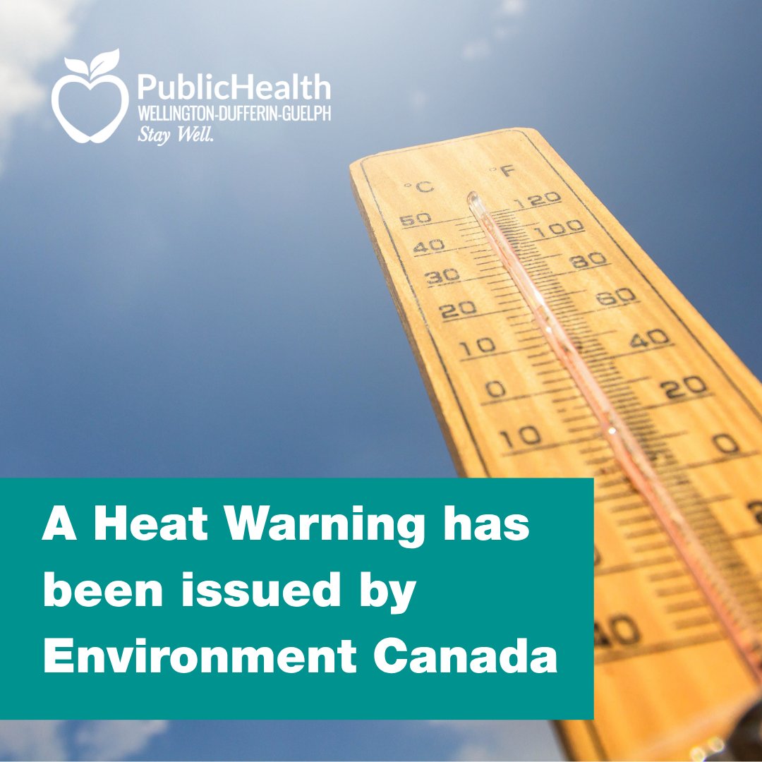 ⚠️ Environment Canada has issued a heat warning for July 5 to July 6 across the Wellington-Dufferin-Guelph region with temperatures ranging from 31 to 33 degrees Celsius and a humidex of 40. To stay cool in the heat and find cooling spaces near you visit wdgpublichealth.ca/heat