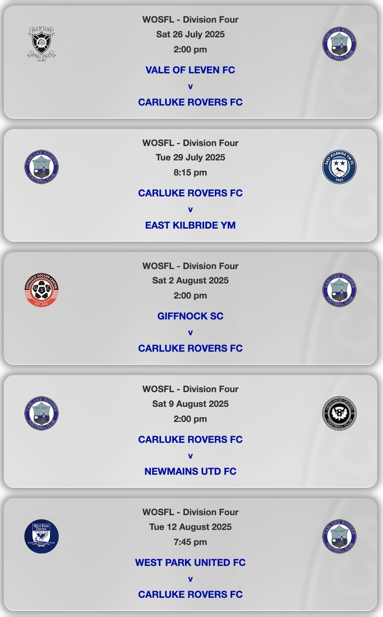Carluke Rovers FC (@carlukeroversfc) on Twitter photo WOSFL Division 4 fixtures were released today and here are your first 5. It's an away day opener at Vale of Leven.
Full list at carlukerovers.co.uk/fixtures-resul… or visit wosfl.co.uk for all your fixture info. WOSFL Division 4 fixtures were released today and here are your first 5. It's an away day opener at Vale of Leven.
Full list at carlukerovers.co.uk/fixtures-resul… or visit wosfl.co.uk for all your fixture info.