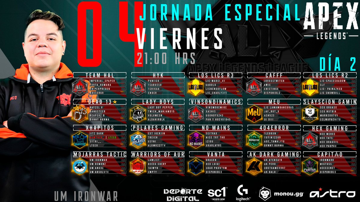 APEX LEGENDS LEAGUE

✅JORNADA ESPECIAL DÍA 2

🟢VIERNES 04 21:00 HRS
🟢6 MAPAS A DISPUTAR
🟢BATTLE ROYALE

<a href="/PlayApex/">Apex Legends</a>
<a href="/PlayApexEsports/">Apex Legends Esports</a>
<a href="/Monougg/">Monou</a>
<a href="/ASTROGaming/">ASTRO Gaming</a>
<a href="/LogitechG/">Logitech G</a>
<a href="/sc1mx/">score one 🎮 sc1</a>
<a href="/EAlatam/">EA Latinoamérica</a>
<a href="/EA/">Electronic Arts</a>
<a href="/IronWar_/">Iroon</a>