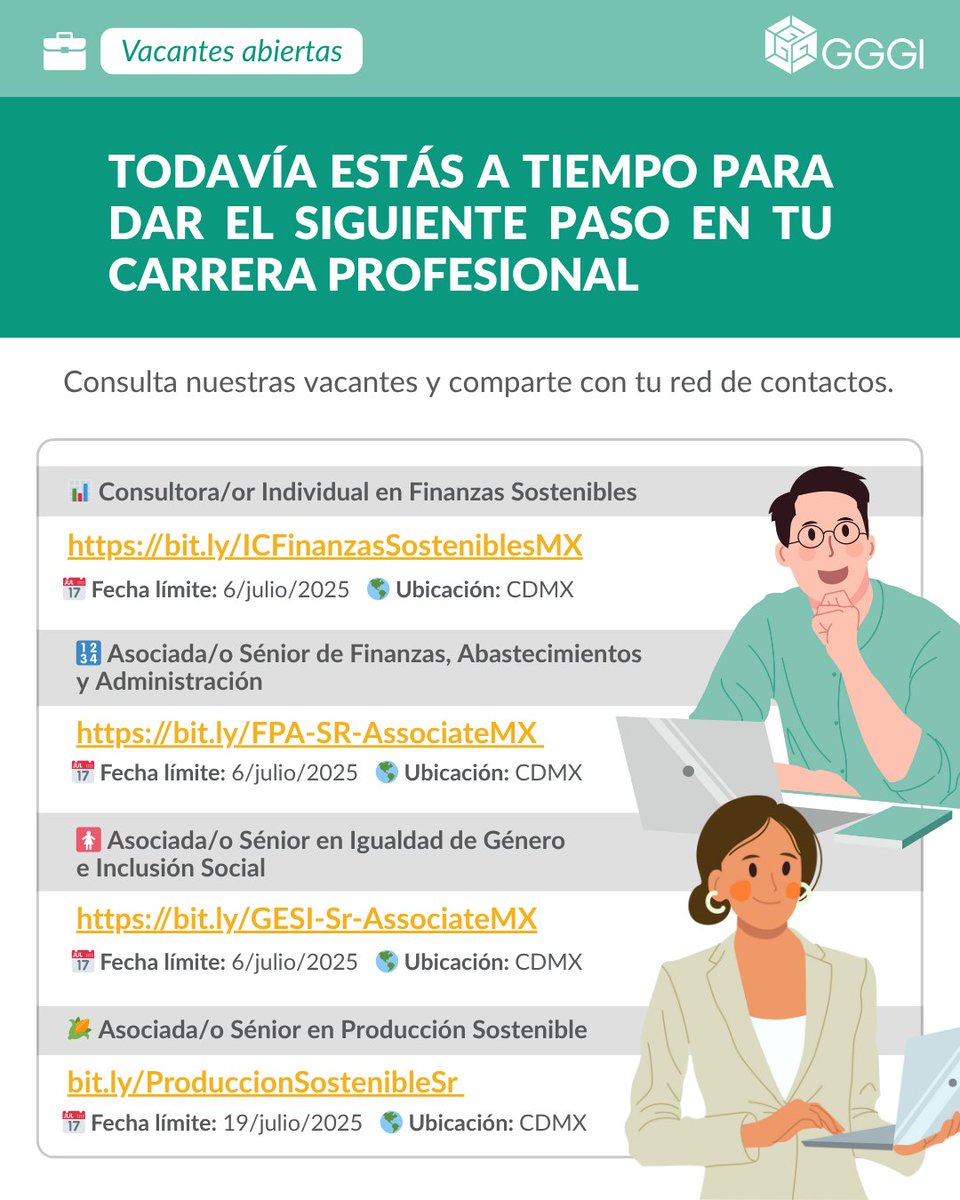 🌱 #ViernesDeVacantes: Estamos a dos días de cerrar los procesos de varias de nuestras vacantes. ¡Postula ya! ​
​
Vacantes que cierran el 6 de julio:​
📊 Consultora/Consultor Individual en Finanzas Sostenibles. bit.ly/ICFinanzasSost…

🚺 Asociada/o Sénior en Igualdad de Género e