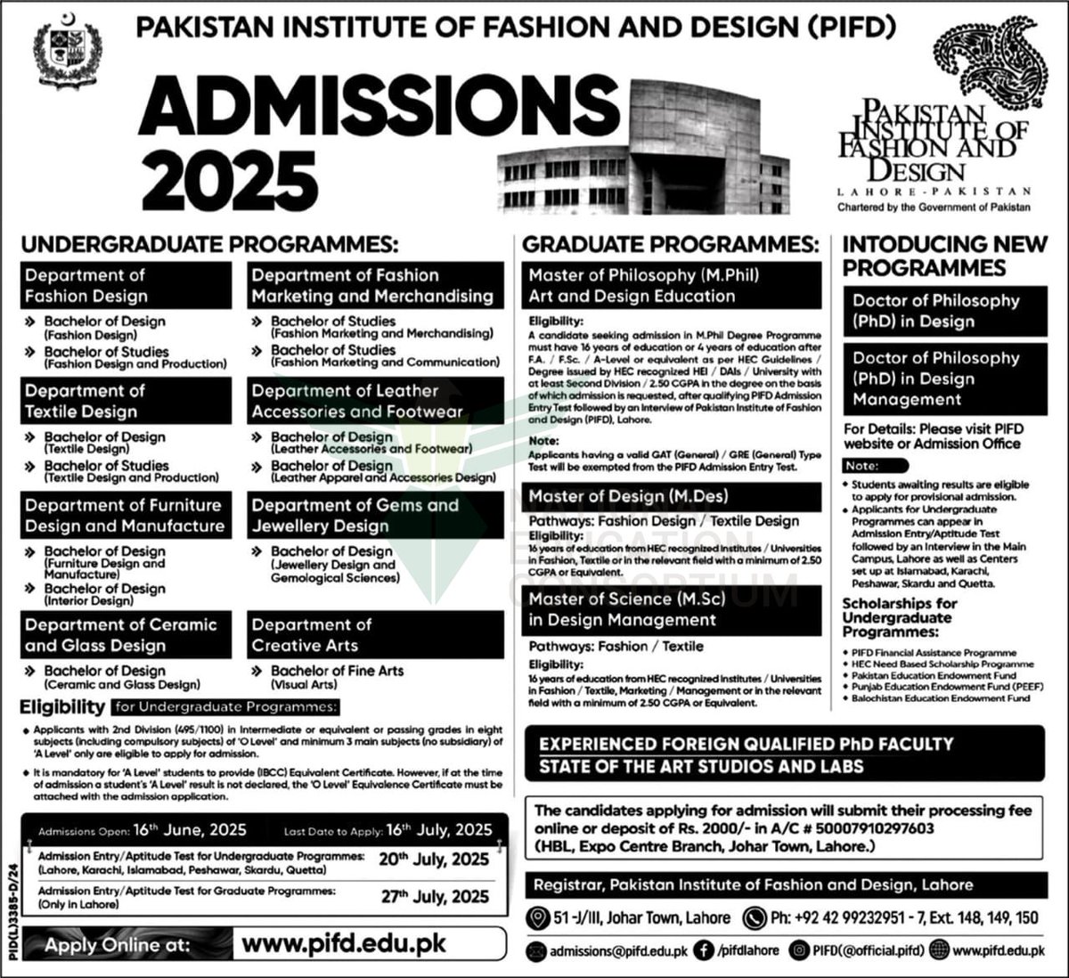 necpakistan's tweet image. 𝐀𝐝𝐦𝐢𝐬𝐬𝐢𝐨𝐧 𝐎𝐩𝐩𝐨𝐫𝐭𝐮𝐧𝐢𝐭𝐲 𝟐𝟎𝟐𝟓

𝐏𝐈𝐅𝐃 𝐋𝐚𝐡𝐨𝐫𝐞 is accepting applications for its Undergraduate programs.

Deadline: July 16, 2025

Apply Online at: pifd.edu.pk/admission.html

For queries: 03111123632

#NECPakistan #PIFD #FashionDesign #PIFDAdmissions2025