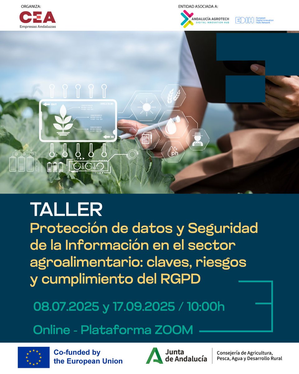 Smart Biosystems Laboratory (@smartbiolab) on Twitter photo ⚡@CEAes organiza el taller #online “Protección de datos y Seguridad de la Información en el sector agroalimentario" #RGPD
🗓 08/07 y 17/09
🕤 10:00 a 12:30h
🆓 Pymes, autónomos #agro y serv. auxiliares
✍️ Inscripción y ➕info: lnkd.in/dF9a-Ps5
<a href="/DIHAndAgrotech/">Andalucía Agrotech DIH</a> <a href="/edih_net/">European Digital Innovation Hubs Network</a> ⚡@CEAes organiza el taller #online “Protección de datos y Seguridad de la Información en el sector agroalimentario" #RGPD
🗓 08/07 y 17/09
🕤 10:00 a 12:30h
🆓 Pymes, autónomos #agro y serv. auxiliares
✍️ Inscripción y ➕info: lnkd.in/dF9a-Ps5
<a href="/DIHAndAgrotech/">Andalucía Agrotech DIH</a> <a href="/edih_net/">European Digital Innovation Hubs Network</a>
