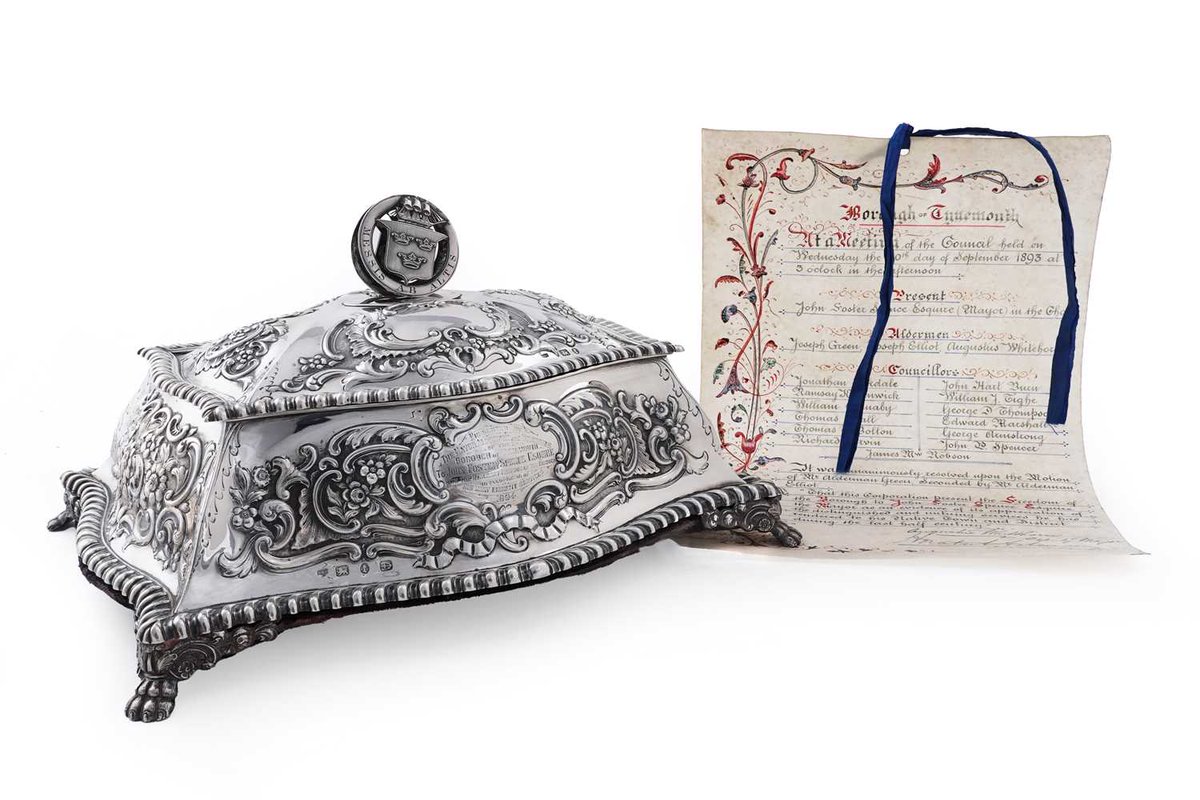 robertneuk's tweet image. At auction, a Victorian silver presentation casket, "Presented by The Mayor Aldermen and Burgesses of the Borough of Tynemouth, To John Foster Spence Esquire, with the honorary Freedom of the Borough, in recognition of his many eminent services, 1894."
Image: Anderson & Garland