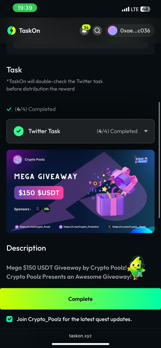 Slimzy455's tweet photo. @Crypto__Poolz Done ✅
Just smashed that Taskon quest! 💪 I’m all in for the $150 USDT prize! 🎉 #CryptoPoolz #Giveaways https://t.co/tUznlTQgZc