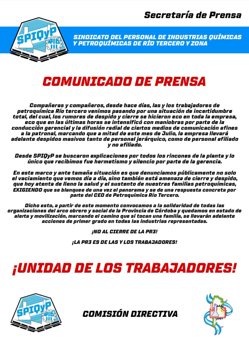 Los trabajadores de la Petroquímica de Río Tercero están en alerta ante la amenaza de despidos masivos. Ninguna familia en la calle. Cuenten con nuestro apoyo en esta lucha.