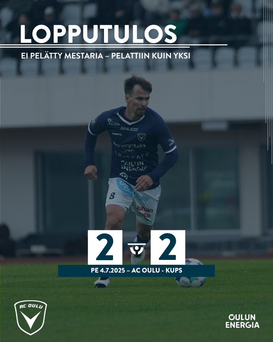 AC Oulu pelasi rohkeasti hallitsevaa mestaria vastaan.

Lue otteluraportti AC Oulun nettisivuilta:
acoulu.fi/raportit/ac-ou…

⚽AC Oulu – KTP
🗓Sunnuntaina 13.7.2025
⏰18.30
📍Raatin Stadion

#ACOulu
#Oulu
#Laivastonsiniset
#OuluOnLaivastonsininen
#Veikkausliiga
