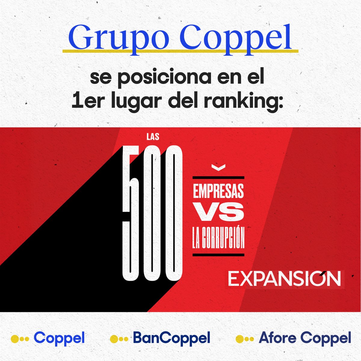 🏅Grupo Coppel ocupa el primer lugar en el Índice de Integridad Corporativa 500, del ranking “Las 500 empresas contra la corrupción” de <a href="/ExpansionMx/">Expansión</a>. Un reconocimiento a nuestras políticas de integridad, transparencia y buenas prácticas.
#OrgulloCoppel #Expansión500