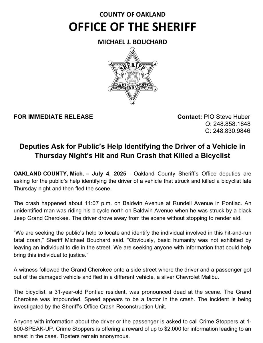 We are appealing to the public for assistance in identifying and locating the suspect in this fatal hit and run crash. It is unconscionable that someone could strike another person and leave them to die in the street, demonstrating a profound lack of humanity. ￼