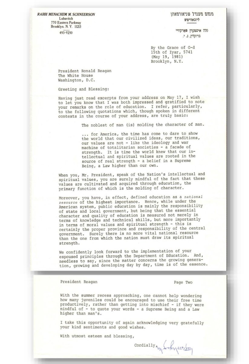 In a 1981 letter addressed to President Ronald Reagan, the Rebbe quotes and analyses a recent presidential address:

🎙️ “...for America, the time has come to dare to show to the world that our civilized ideas, our traditions, our values, are not—like the ideology and war machine