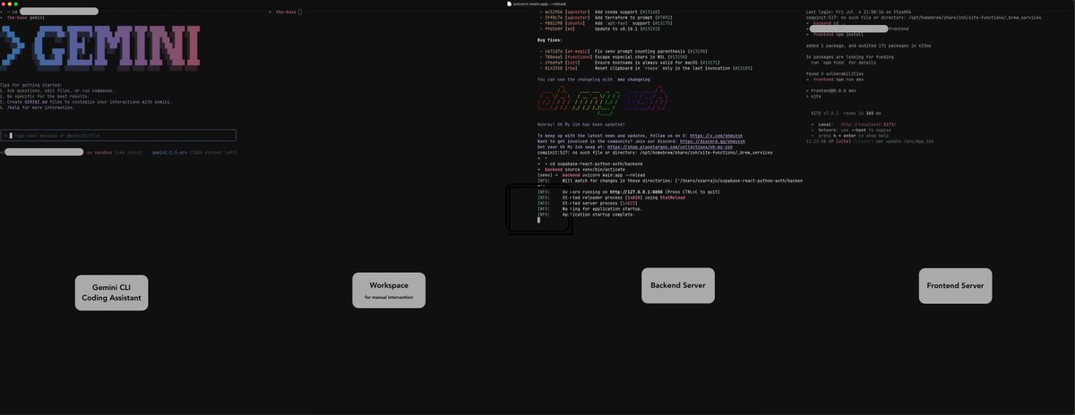 ssarraju's tweet image. My current CLI based Vibe Coding setup.
- ghostty.org by @mitchellh 
- Gemini CLI by @googleaidevs 
- Python for backend
- @reactjs for frontend 

Can&apos;t ask for more.