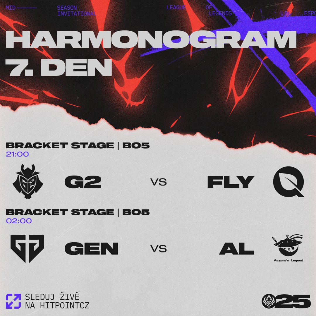 🔥 MSI 2025 Playoffs pokračují!

Dnes večer nás čeká pořádná nálož League of Legends! 
🕘 21:00 – G2 Esports vs FlyQuest
⚔️ Poté – Gen.G vs Anyone's Legend

📺 Sleduj živě na: twitch.tv/hitpointcz