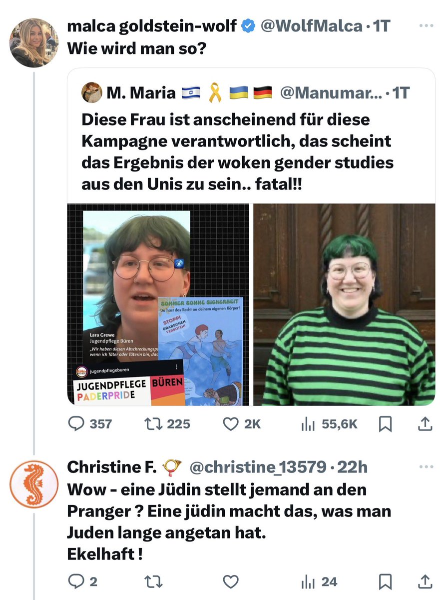 Es wird mal wieder Zeit für den Platin-Schmock des Tages! 🏆

Als Jüdin habe ich nichts aus dem Holocaust gelernt!!!
Ich sollte wissen, dass es mir nicht erlaubt ist, Kritik zu üben.
Juden sollen schließlich die Klappe halten und froh sein, wenn Stolpersteine poliert werden.
Eine