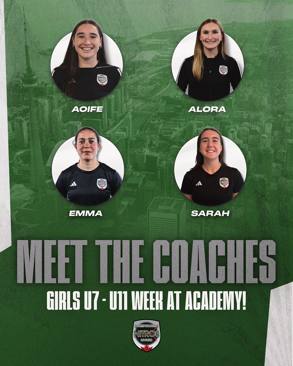 🚨 Coach Announcement 🚨

We’re excited to introduce the Head Coaches for Girls U7–U11 Academy Week!

Girls born 2014–2018 will be led by our amazing coaching team:
⚽️ Aoife
⚽️ Alora
⚽️ Emma
⚽️ Sarah

#NorthTorontoSoccer #NTN