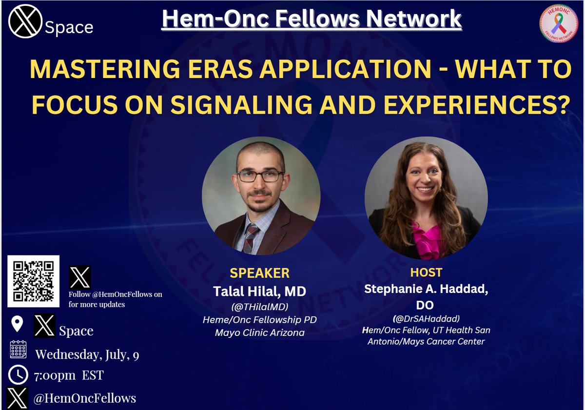 Hem-Onc Fellows Network (@hemoncfellows) on Twitter photo ✍️Mark your calendar for our next upcoming space❗️
Mastering the Eras Application - What to Focus On: Signaling and Experiences? ‼️
Speaker: <a href="/THilalMD/">Talal Hilal 🩺</a>, Heme/Onc Fellowship PD at Mayo Clinic, Arizona
Host: <a href="/DrSAHaddad/">Stephanie A. Haddad, DO</a>
⏰Wednesday, July 9th, 2025
📍X space, 7 pm EST ✍️Mark your calendar for our next upcoming space❗️
Mastering the Eras Application - What to Focus On: Signaling and Experiences? ‼️
Speaker: <a href="/THilalMD/">Talal Hilal 🩺</a>, Heme/Onc Fellowship PD at Mayo Clinic, Arizona
Host: <a href="/DrSAHaddad/">Stephanie A. Haddad, DO</a>
⏰Wednesday, July 9th, 2025
📍X space, 7 pm EST