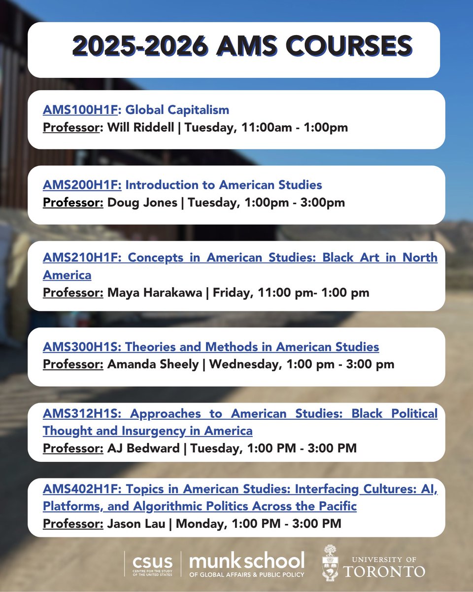 📢 American Studies Courses Are LIVE!

Explore U.S. politics, culture &amp; history from critical, interdisciplinary angles. Whether you're majoring or minoring, or just interested in American Studies, there's something for you!
🔗 Full course list: munkschool.utoronto.ca/american-studi…