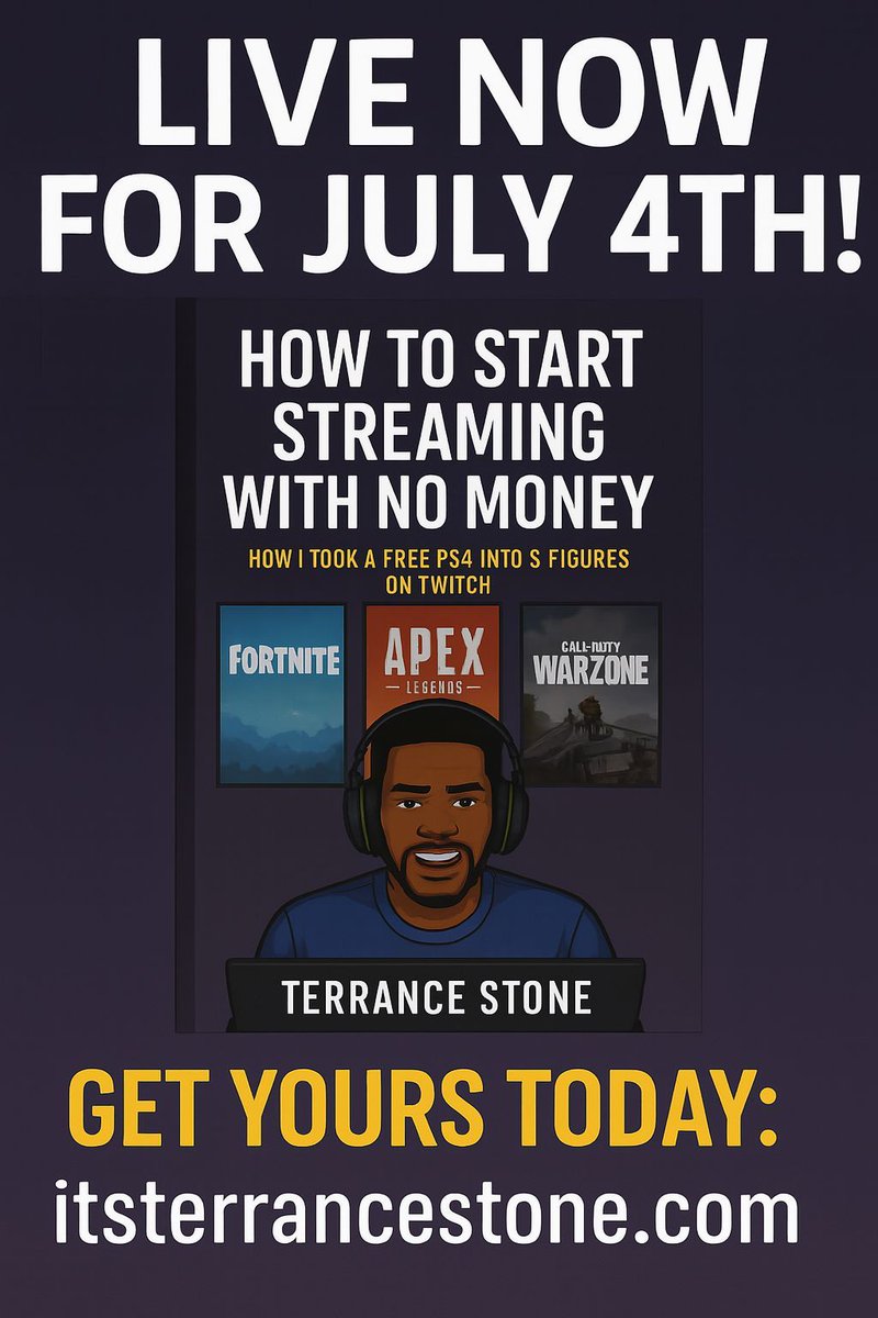 You don’t need a fancy setup to chase your dream, just a vision and a PS4.

My new book “How to Start Streaming With No Money” breaks it down step-by-step.

✨ Perfect for anyone starting from the ground up on twitch.

👇 Grab yours today for only $5:
itsterrancestone.com