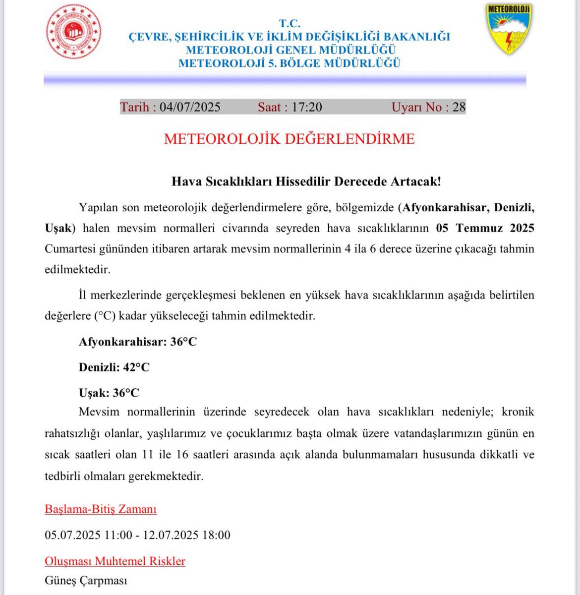 🔥 Artan hava sıcaklıklarıyla birlikte orman yangını riski de ciddi şekilde artıyor. Bu kritik dönemde hepimize önemli görevler düşüyor,

LÜTFEN;

📌 Anız yakmayalım
📌 Ormanlık alanlarda ateş yakmayalım
📌 İzmarit atmayalım
📌 Atıkları çöpe atalım
📌 Biçerdöver ve balya