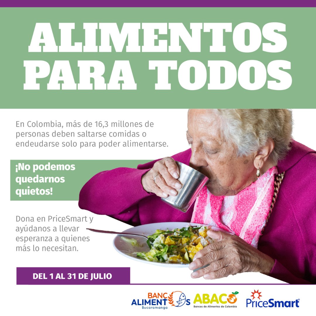 📊 En Colombia, más de 16,3 millones de personas deben saltarse comidas o endeudarse solo para poder alimentarse.
¡No podemos quedarnos quietos!
Con tu donación en <a href="/PriceSmartco/">PriceSmartco</a> , llevamos comida y dignidad a quienes más lo necesitan.
<a href="/Abacocol/">AbacoCol</a>