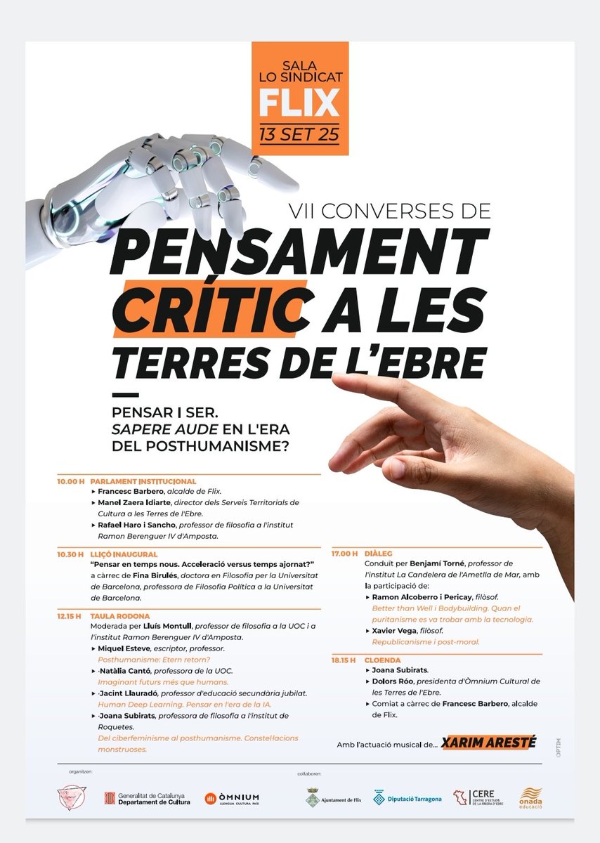 ConversesC's tweet photo. Ja tenim el cartell complet amb els suggerents títols de les diferents ponències 🗨️💭
#VIIConverses de
#PensamentCrític 💭
#TerresdelEbre
📌Flix
🗓️13 Setembre
#Pensar i ser🤔
#SapereAude en l'era del #posthumanisme
🐾👣
#Filosofia 🦉 https://t.co/e9y0raPFVe