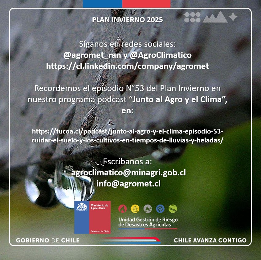 Portal Agroclimático (@agroclimaticocl) on Twitter photo 🌧️Porque el agro siempre debe estar preparado, compartimos recomendaciones frente a lluvias y los invitamos a escuchar el episodio N°53 del Plan Invierno en nuestro programa podcast “Junto al Agro y el Clima”, en: bit.ly/46thEFc
<a href="/INDAP_Chile/">INDAP_Chile</a> 🌧️Porque el agro siempre debe estar preparado, compartimos recomendaciones frente a lluvias y los invitamos a escuchar el episodio N°53 del Plan Invierno en nuestro programa podcast “Junto al Agro y el Clima”, en: bit.ly/46thEFc
<a href="/INDAP_Chile/">INDAP_Chile</a>