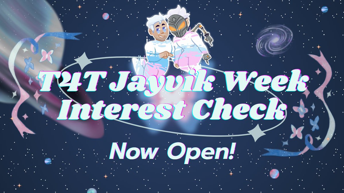 T4T Jayvik Week's interest check form is now open ✨️ please compile it thoroughly to help us prepare for the event 🪐 You can even suggest prompts you'd like to see, so check it out at the link below! #T4TJayvikWeek #T4TJVWeek

forms.gle/3MY5m8BvNN5at2…
