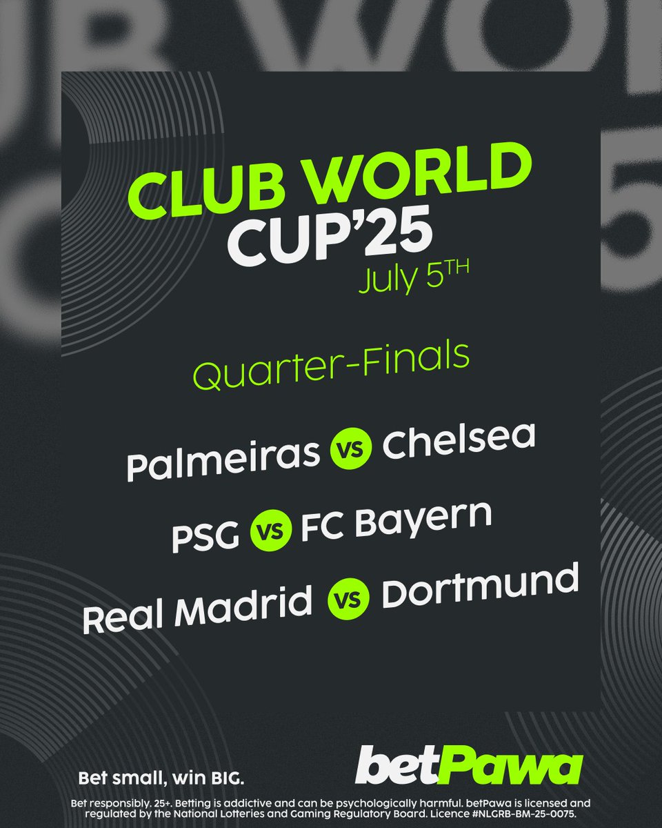 🌎 The #FIFACWC Quarter-Finals are heating up!

💥 Get ready for GIANT clashes and even BIGGER wins.

💸 Don’t miss out on our Boosted Odds and 2UP Offer – they’re built for moments like this!

🔒 Lock in now! ➡️ bit.ly/4kDXpJi
