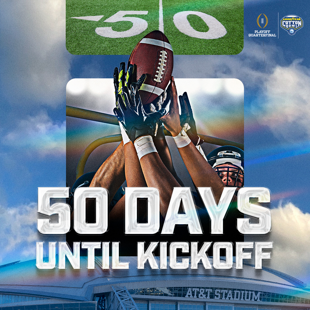 CottonBowlGame's tweet image. 50 days until college football is back!
(And...180 days until the 2025 @CFP Quarterfinal at the 90th #GoodyearCottonBowl Classic ☺️)
#LikeNoOther