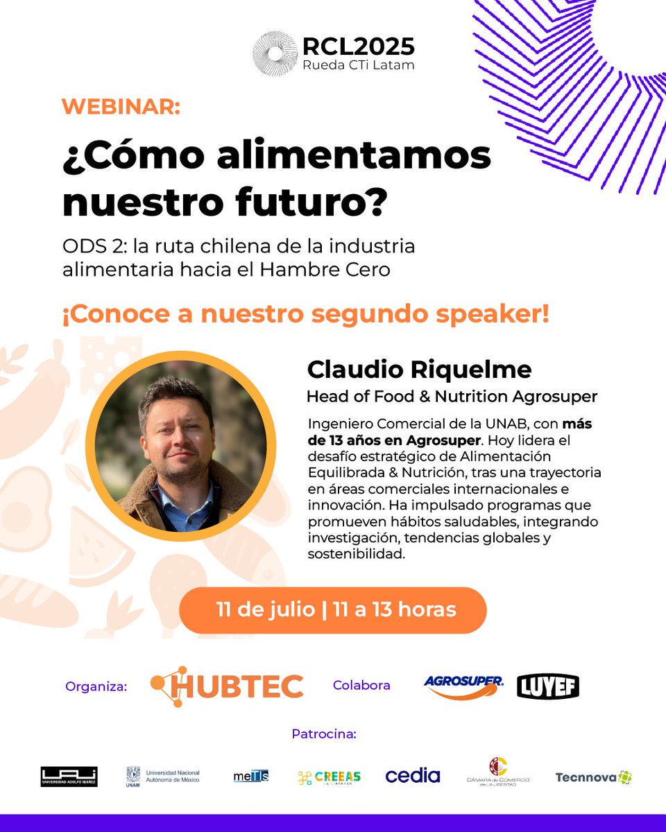 🔈 Claudio Riquelme, Head of Food &amp; Nutrition en Agrosuper, es nuestro segundo speaker confirmado para el webinar “¿Cómo alimentamos nuestro futuro?”.
📅 11 de julio | 11:00 hrs
💻 Online
🔗 Inscripción: forms.gle/VsvXghqBA7j8Jq…