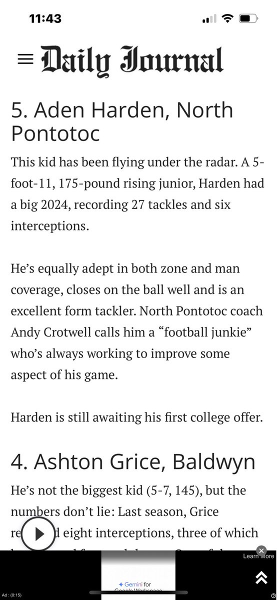 Ranked #5 CB in the area by Daily Journal‼️
Still no offers… just a kid flying under the radar with a chip on my shoulder. Grinding every day to earn that first shot.
📈 27 tackles • 6 INTs • Film don’t lie. hudl.com/v/2Qj9Gq
#RecruitMe #Sleeper #FaithAndFootball