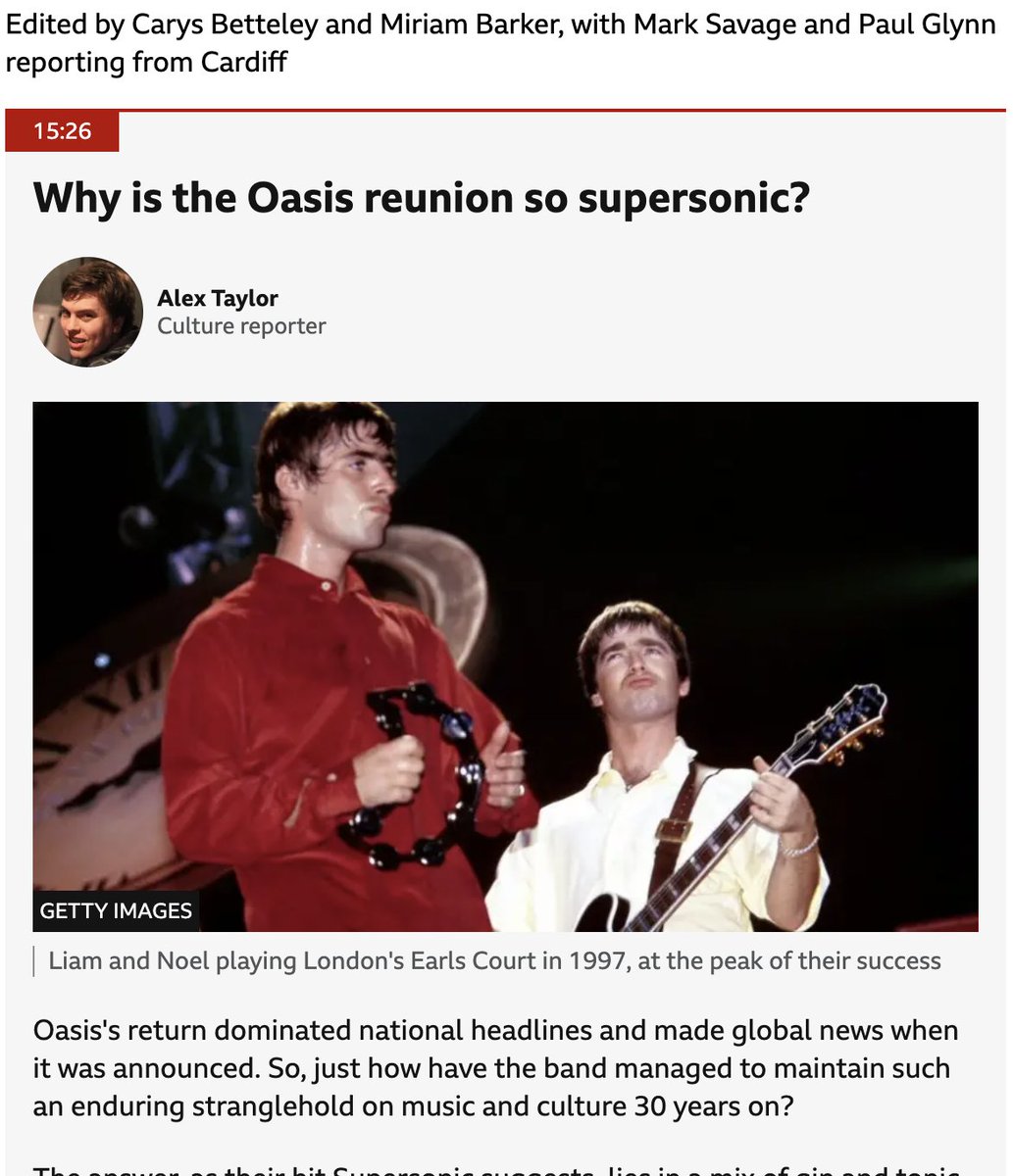 Tayloredword's tweet image. I've been working on the BBC's Oasis live page today. It's now minutes until Noel and Liam retake the stage
Here's my post (among many) on why the #Oasis25 comeback tour is, for many, such a national event: bbc.co.uk/news/live/c991…