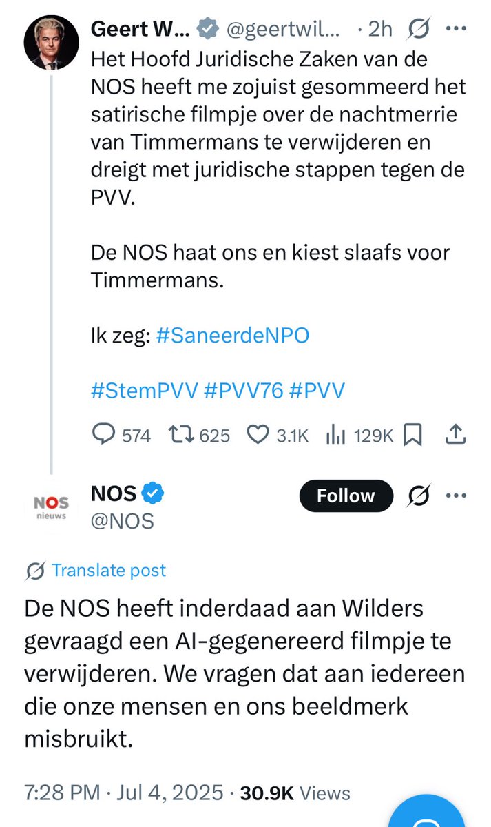 “De NOS heeft inderdaad aan Wilders gevraagd een AI-gegenereerd filmpje te verwijderen. We vragen dat aan iedereen die onze mensen en ons beeldmerk misbruikt.”