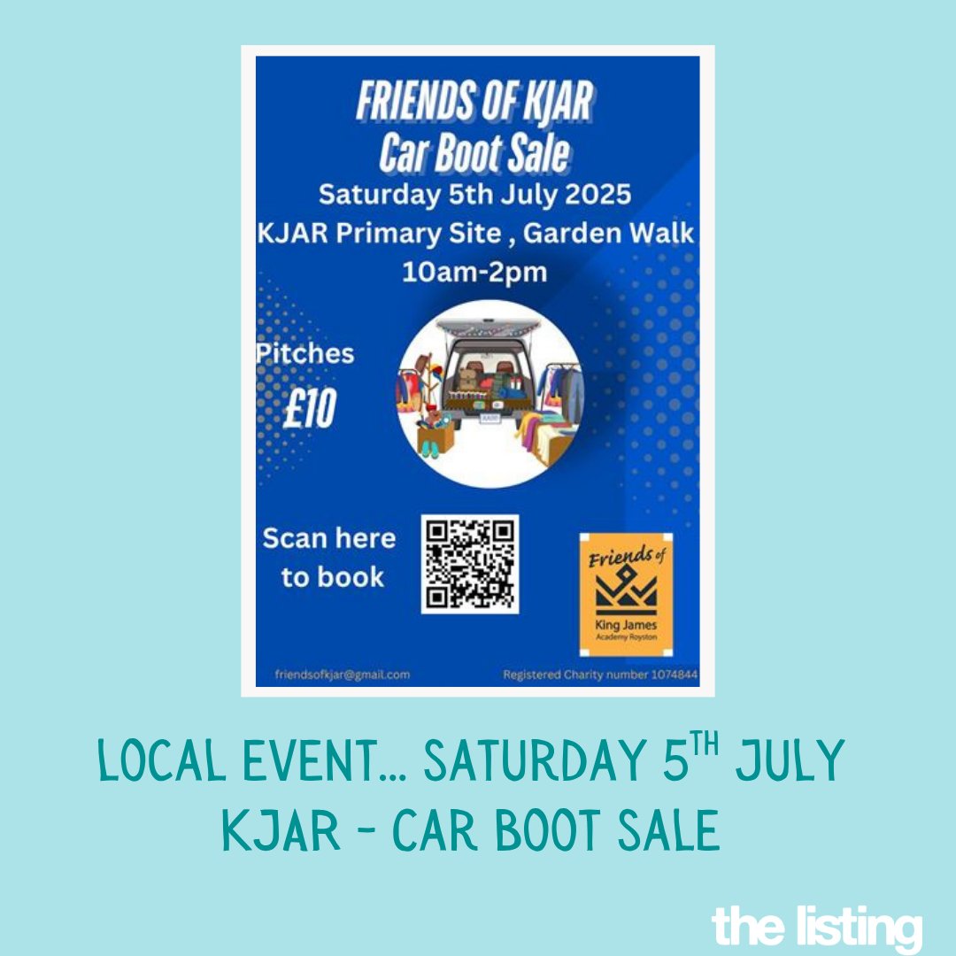 The Friends of KJAR Royston are holding a car boot sale tomorrow to raise funds for the school. 10am to 2pm.

Alongside, there will be refreshments, field games and a bouncy castle to entertain children. Plus, a raffle with fantastic prizes kindly donated by local businesses.