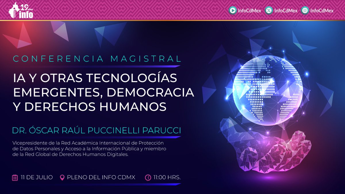 🤖📢 | No se pierdan la Conferencia Magistral "IA y Otras Tecnologías Emergentes, Democracia y Derechos Humanos", impartida por el Dr. Oscar Raúl Puccinelli Parucci.
¡Les esperamos!
🗓️ 11 de julio
Registro para webinar 🔗 tinyurl.com/495nukxw
