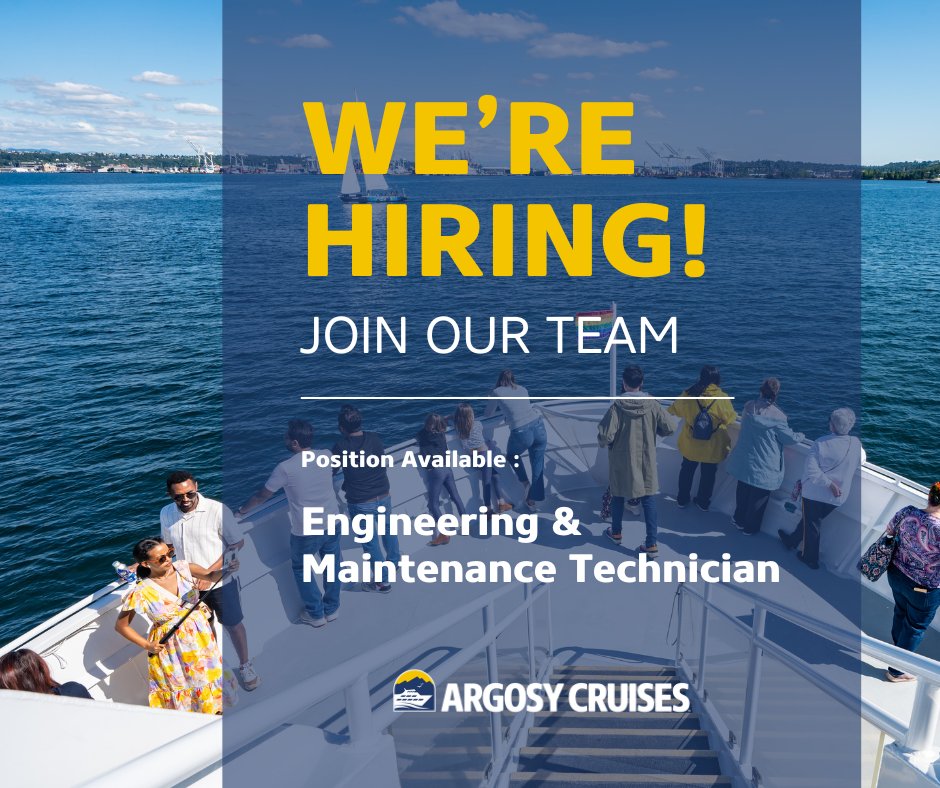 WE HAVE AN OPEN POSITION! Argosy Cruises is searching for an Engineering &amp; Maintenance Technician to join our wonderful team and help us keep our vessels in shape. This is a full-time position - for more details visit our job website below.

APPLY - jobs.argosycruises.com/jobs/#openings