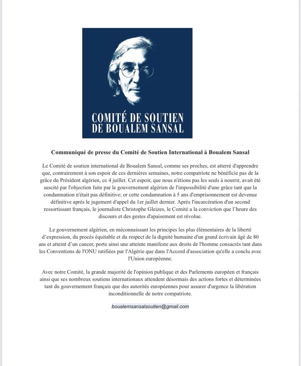 ⁦<a href="/CSoutienBS/">Comité de soutien international à Boualem Sansal</a>⁩ ⁦<a href="/EmmanuelMacron/">Emmanuel Macron</a>⁩ ⁦<a href="/UEFrance/">Commission européenne 🇪🇺</a>⁩ ⁦<a href="/TebbouneAmadjid/">عبدالمجيد تبون - Abdelmadjid Tebboune</a>⁩ ⁦<a href="/TSAlgerie/">TSA Algérie</a>⁩ ⁦<a href="/noellelenoir/">noelle lenoir</a>⁩ ⁦<a href="/Benedetti65/">Benedetti arnaud</a>⁩ ⁦<a href="/XMDriencourt/">Xavier Driencourt</a>⁩ ⁦<a href="/KmelBencheikh/">Bencheikh Kamel</a>⁩ ⁦<a href="/daoud_kamel/">kamel DAOUD</a>⁩ ⁦<a href="/jmblanquer/">Jean-Michel Blanquer</a>⁩ ⁦<a href="/RachelBinhas/">Rachel Binhas</a>⁩ ⁦<a href="/Vukuzman/">Georges Renard-Kuzmanovic 🇨🇵</a>⁩ ⁦