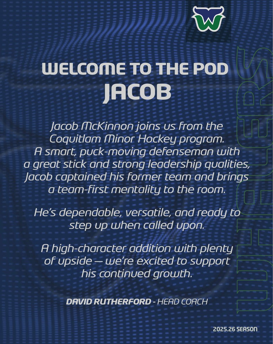 🚨 COMMITMENT ALERT 🚨
Please welcome Jacob McKinnon to the White Rock Whalers!
Jacob joins us from the <a href="/CoquitlamMHA/">Coquitlam Minor Hockey</a> program. A smart, puck-moving defenseman with a great stick &amp; strong leadership qualities.

Welcome to the Pod, Jacob! 🐋
#WhalersHockey #JrACommitment <a href="/ThePJHL/">PJHL</a>