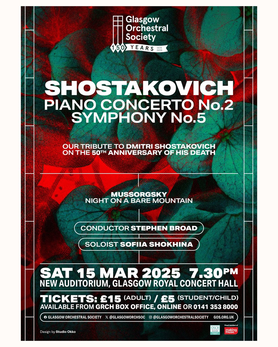 studiookko's tweet photo. Design for @GlasgowOrchSoc ’s March concert, which paid tribute to Shostakovich on the 50th Anniversary of his death.

A rebirth and resilience theme for the key visual combining flag texture weaving into flowers. The border ‘ladder’ element represents 50 in Cyrillic.

🌱🎹🐦‍🔥 https://t.co/phXyBLk4Sp