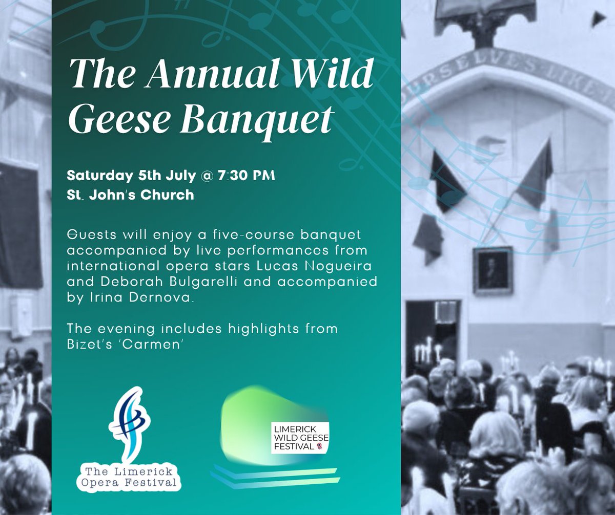 The Limerick Opera Festival 2025 (@operalimerick) on Twitter photo Thrilled to bring opera magic to tomorrow’s <a href="/LimerickWild/">Limerick Wild Geese Festival</a> Geese Banquet.
Guests will enjoy a feast at St. John’s Church with live performances & highlights from Bizet’s Carmen, a preview of our Carmen 150th Anniversary Concert later this year!
Opera for All! 🎶 #Limerick Thrilled to bring opera magic to tomorrow’s <a href="/LimerickWild/">Limerick Wild Geese Festival</a> Geese Banquet.
Guests will enjoy a feast at St. John’s Church with live performances & highlights from Bizet’s Carmen, a preview of our Carmen 150th Anniversary Concert later this year!
Opera for All! 🎶 #Limerick