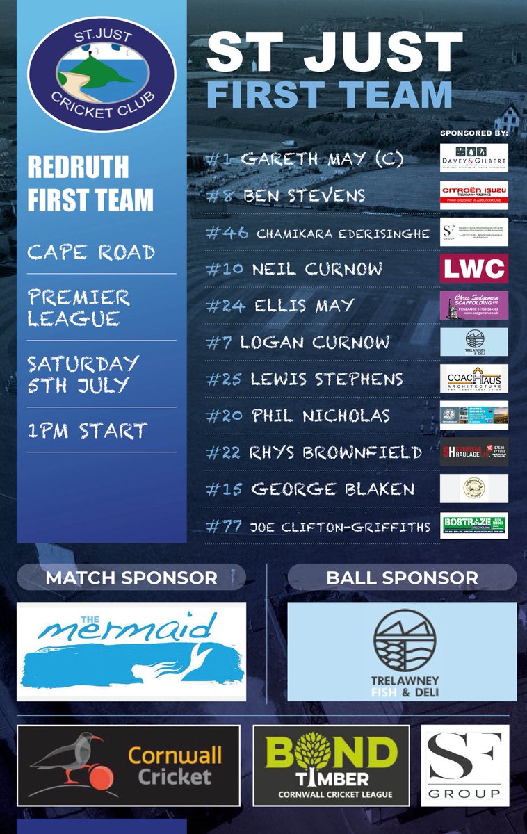 stjustcc's tweet photo. Back to reality and back to the league. Your teams for the weekends fixtures. Thanks to The Mermaid &amp; @trelawneyfish as matchday sponsors. Bar open from 1pm ☀️🏏🏆 https://t.co/hhhtrTWSHS
