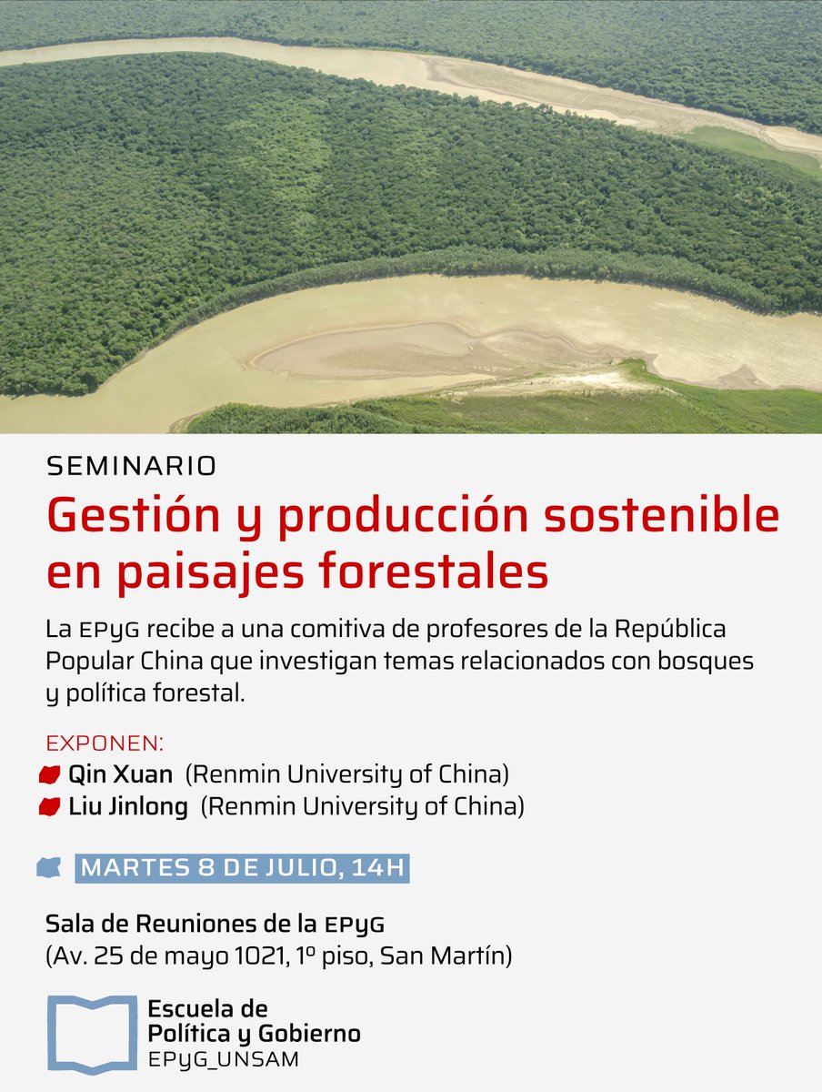 Escuela de Política y Gobierno UNSAM (@unsam_epyg) on Twitter photo ¡ESTE MARTES! 14h I "Gestión y producción sostenible en paisajes forestales"
La EPyG recibe una comitiva de 7 profesores de China 🇨🇳que investigan temas relacionados con política forestal.
🗣️ El seminario será impartido en inglés
📍Sala de reuniones EPyG, campus <a href="/unsamoficial/">Universidad Nacional de San Martín</a> ¡ESTE MARTES! 14h I "Gestión y producción sostenible en paisajes forestales"
La EPyG recibe una comitiva de 7 profesores de China 🇨🇳que investigan temas relacionados con política forestal.
🗣️ El seminario será impartido en inglés
📍Sala de reuniones EPyG, campus <a href="/unsamoficial/">Universidad Nacional de San Martín</a>