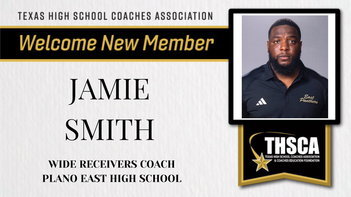 Welcome <a href="/jamieDsmith25/">Coach Smith</a> to the <a href="/THSCAcoaches/">THSCA</a> family! Coach at Plano East, Jamie brings great energy and an even better spirit. Took the initiative to get involved! Glad to have him on board! 
#THSCABrandAmbassador