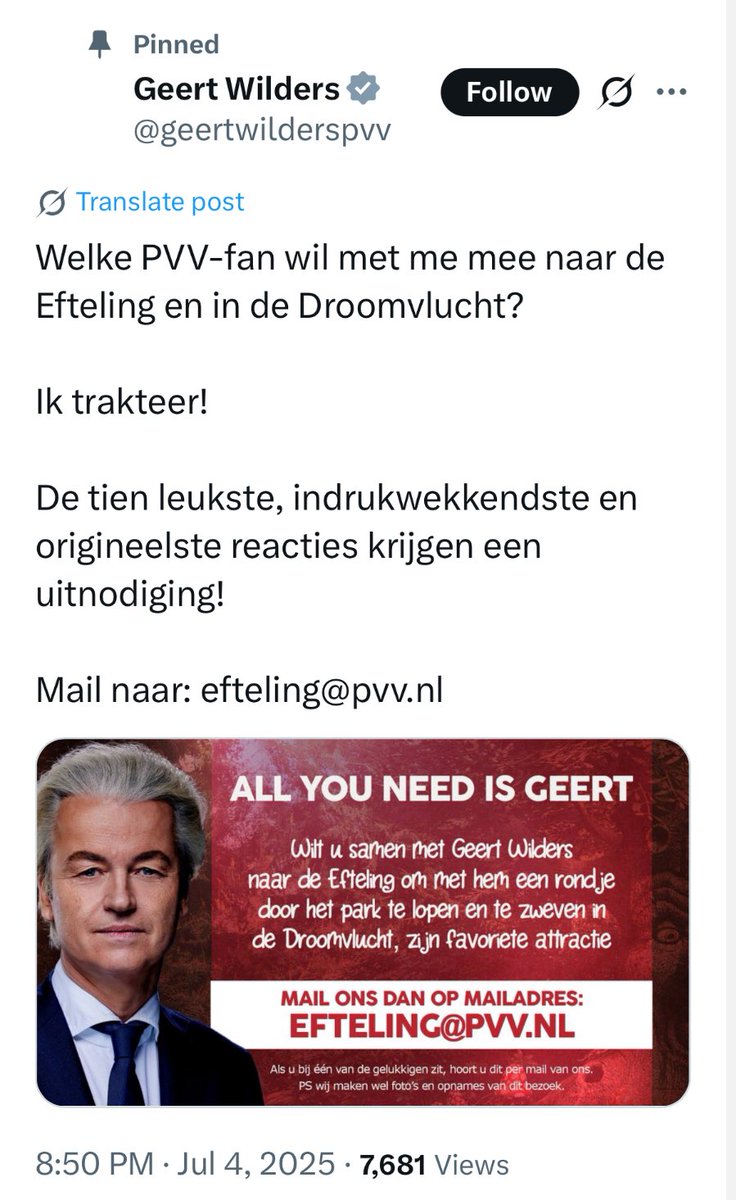 Wilders trakteert op een droomvlucht in de Efteling. Dat is vertrouwd want hij weet zeker dat hij daar geen kinderen van asielzoekers zal tegenkomen.