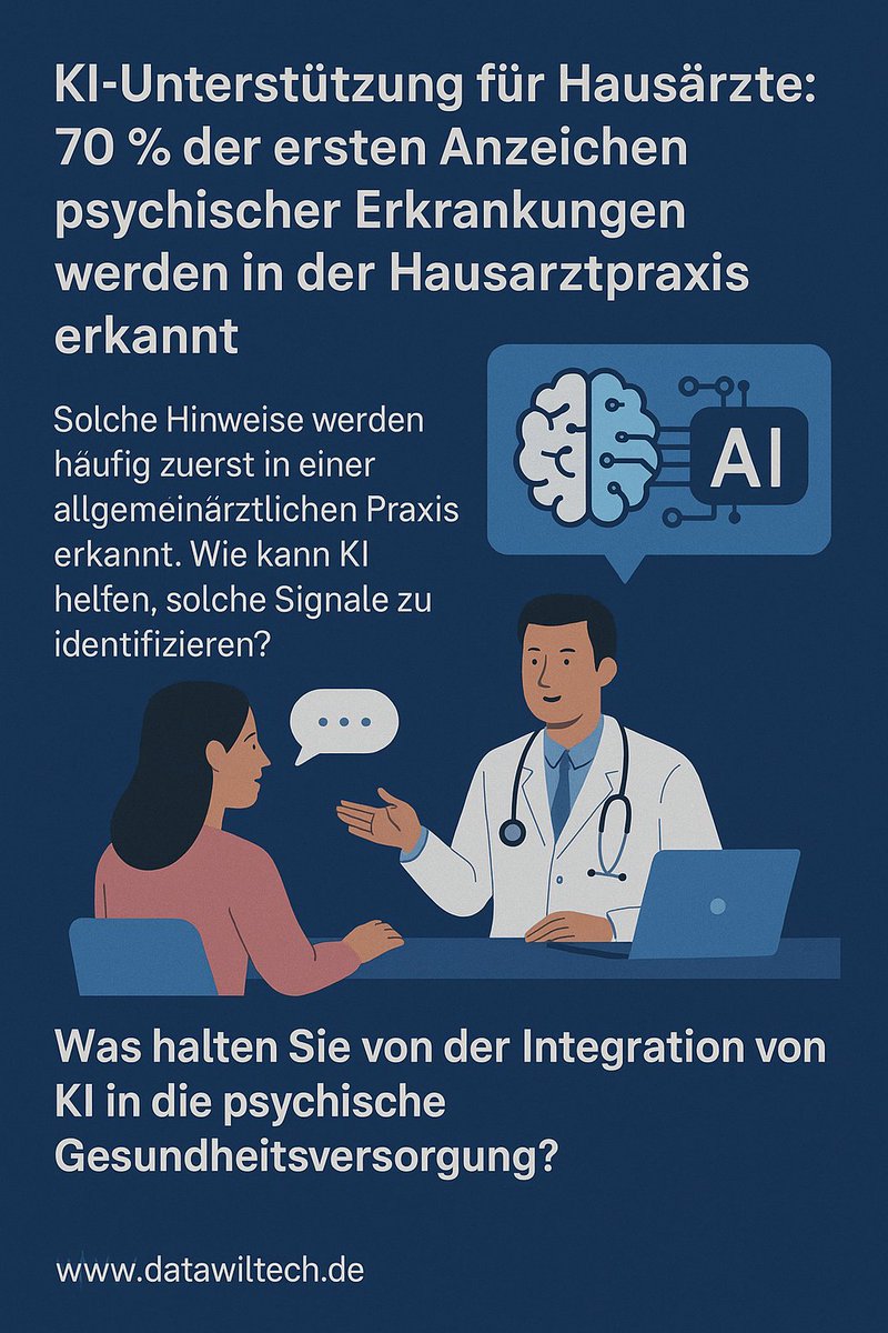 DatawilTech's tweet image. 70% der ersten psychischen Signale entstehen beim Hausarzt. Wie können wir GPs besser ausstatten? KI könnte eine Schlüsselrolle spielen, um frühe Anzeichen zu erkennen. #PsychischeGesundheit #KIimGesundheitswesen