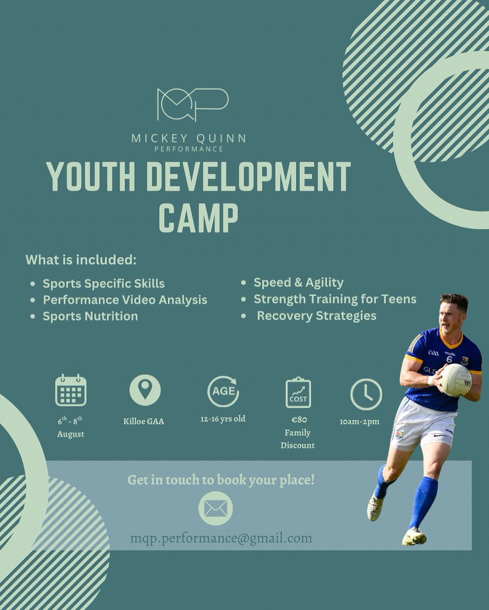 mickeyq06's tweet image. ✅ Specific Skills
✅ Nutrition for Performance
✅ Video Analysis
✅ Guest Coaches 👀
Perfect for teens who want a taste of high-level training in a fun, supportive environment.
📅 6th, 7th & 8th of August
🕙 10AM–2PM
📍 Killoe Young Emmets GAA
Spots are limited—DM to register
